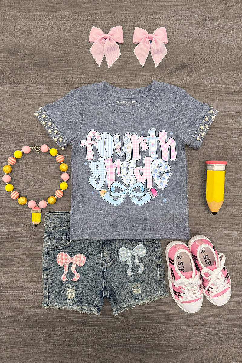 "Pre-K - Sixth Grade" Plaid Bow Denim Short Set - FOURTH GRADE / 8 - Gray short-sleeve shirt with white and pink lettering, plaid sleeve cuffs, denim shorts with mouse patches, pink bows, and.