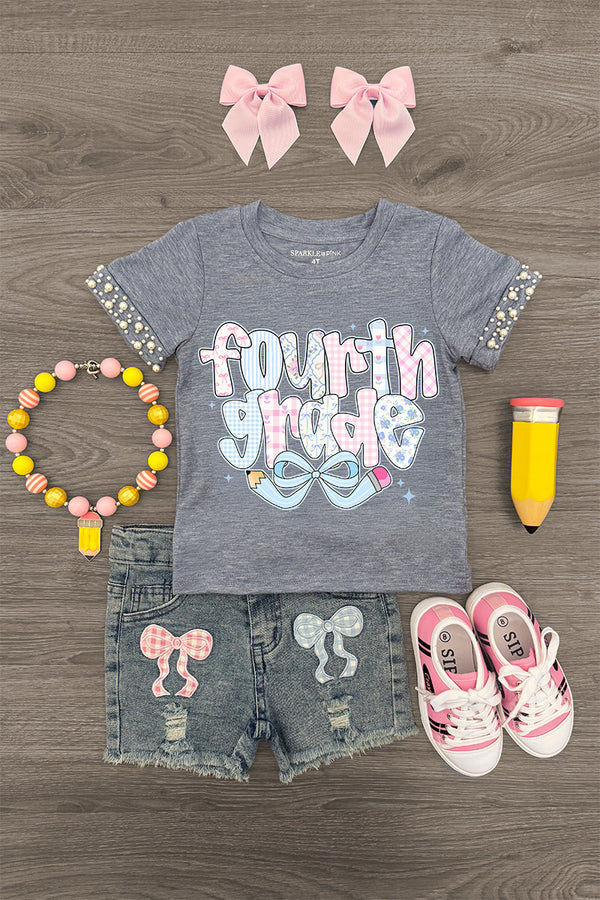 "Pre-K - Sixth Grade" Plaid Bow Denim Short Set - FOURTH GRADE / 8 - Gray short-sleeve shirt with white and pink lettering, plaid sleeve cuffs, denim shorts with mouse patches, pink bows, and.