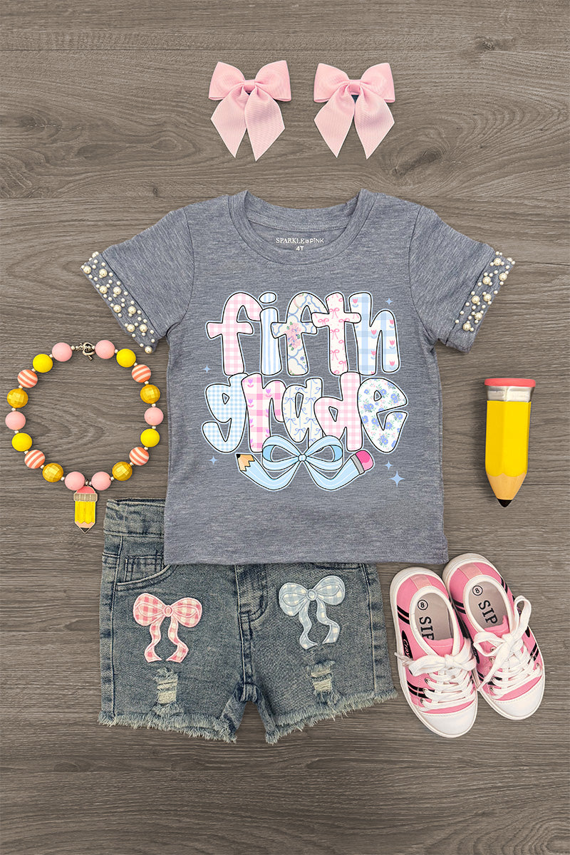 "Pre-K - Sixth Grade" Plaid Bow Denim Short Set - FIFTH GRADE / 10 - Gray short-sleeve shirt with pink and white "fifth grade" text, plaid ruffle sleeves, paired with distressed denim shorts.