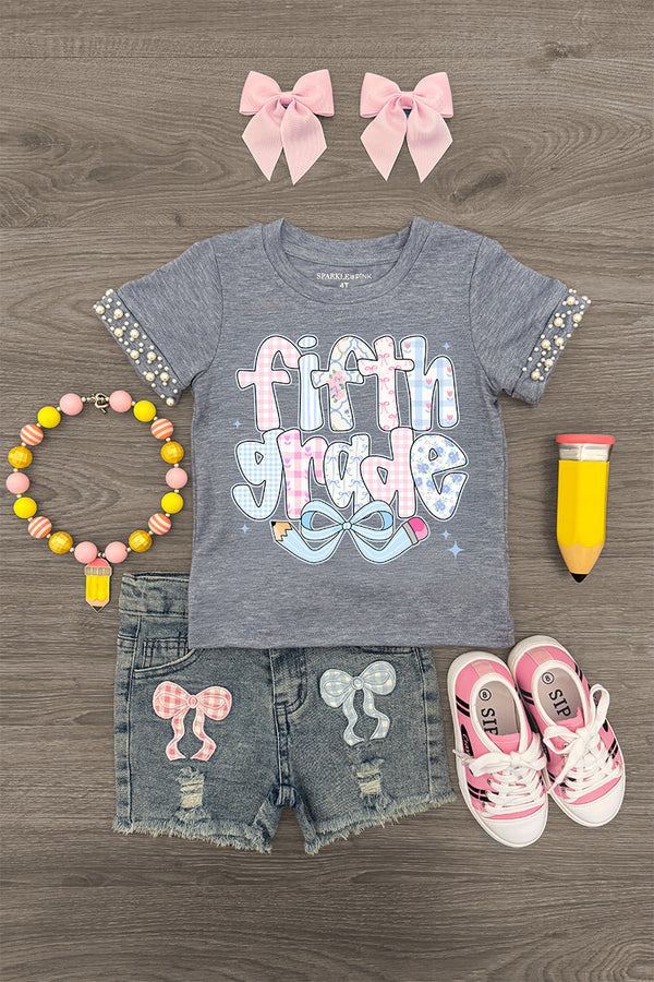 "Pre-K - Sixth Grade" Plaid Bow Denim Short Set - FIFTH GRADE / 10 - Gray short-sleeve shirt with pink and white "fifth grade" text, plaid ruffle sleeves, paired with distressed denim shorts.