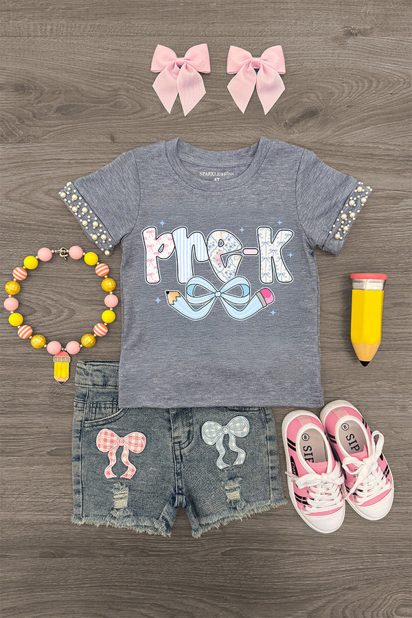 "Pre-K - Sixth Grade" Plaid Bow Denim Short Set - PRE-K / 2T - Gray short-sleeve shirt with "Pre-K" and plaid bow graphic, paired with distressed denim shorts featuring matching plaid.