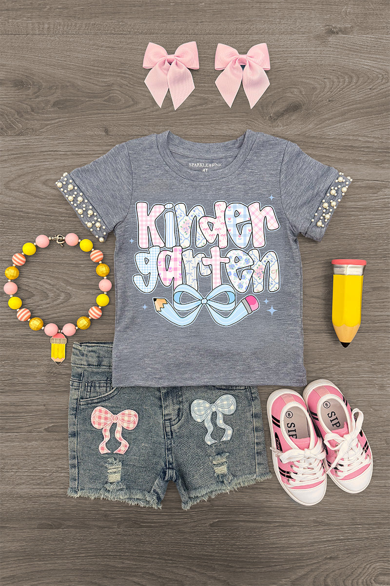 "Pre-K - Sixth Grade" Plaid Bow Denim Short Set - KINDERGARTEN / 3T - Gray short-sleeve shirt with plaid bow sleeves and "Kindergarten" graphic, distressed denim shorts with plaid bows, pink.