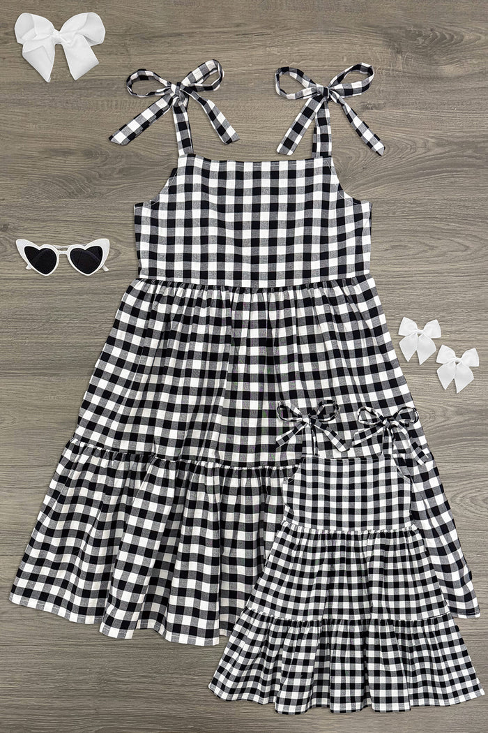 Mom & Me - Black & White Gingham Dress - CHILD-6-12 Months - Black and white gingham sleeveless dress with bow tie straps and tiered skirt for mom and child set.