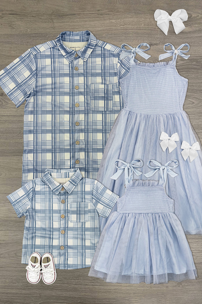 Blue Plaid Family Set - GIRL-6-12 Months-FAMILY - Blue and white plaid short-sleeve shirts for dad and boy, light blue sleeveless dresses for mom, girl, and toddler, white.