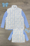 Mom & Me - Blue & White Floral Bow Vest Set - CHILD-6-12 Months - Blue and white floral patterned sleeveless vest with matching long-sleeve blue undershirt and coordinating blue floral bow.