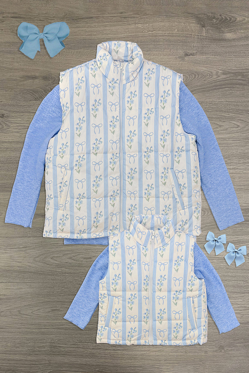 Mom & Me - Blue & White Floral Bow Vest Set - CHILD-6-12 Months - Blue and white floral patterned sleeveless vest with matching long-sleeve blue undershirt and coordinating blue floral bow.