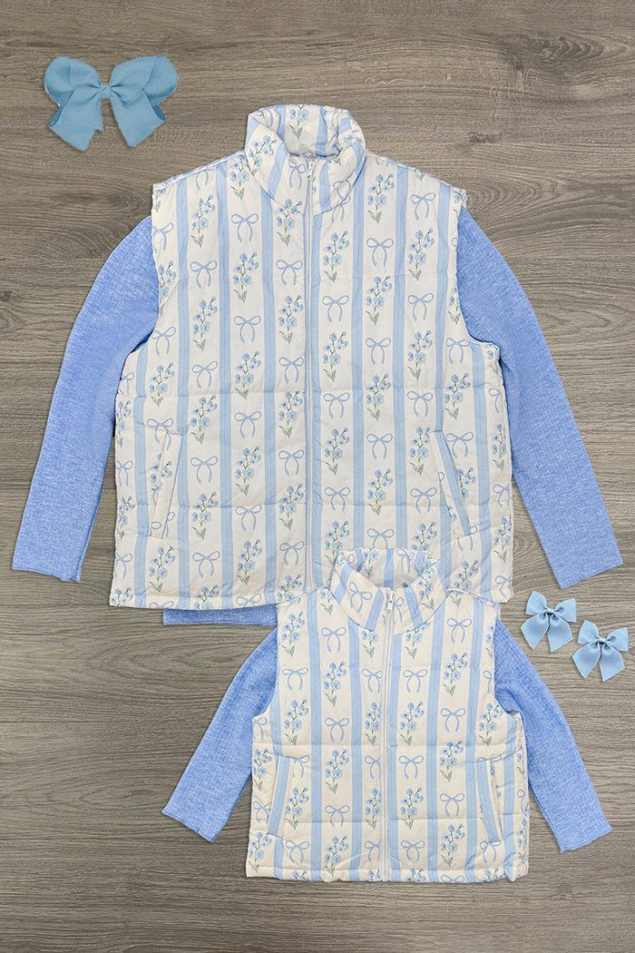 Mom & Me - Blue & White Floral Bow Vest Set - CHILD-6-12 Months - Blue and white floral patterned sleeveless vest with matching long-sleeve blue undershirt and coordinating blue floral bow.