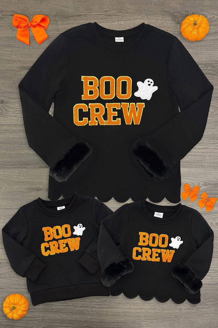 Mom & Kid - "Boo Crew" Pullover - GIRL-6-12 Months-FAMILY - Black pullover sweatshirts for mom and kid with orange "BOO CREW" text and a white ghost graphic.