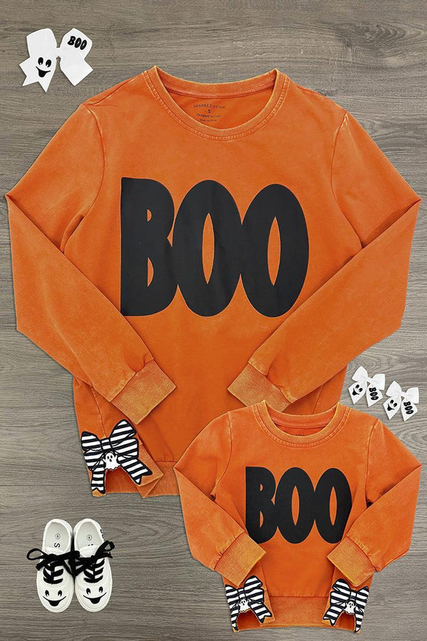 Mom & Me - "Boo" Rust Long Sleeve Top - CHILD-6-12 Months - Rust-colored long sleeve tops with black "BOO" text, adult and child sizes, cotton fabric.