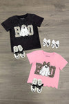 "Boo" Ghost Top - Boy Or Girl - GIRL-6-12 Months-FAMILY - Black toddler t-shirt with cheetah print "BOO" and ghost graphic, paired with matching shoes and bows; pink version with.