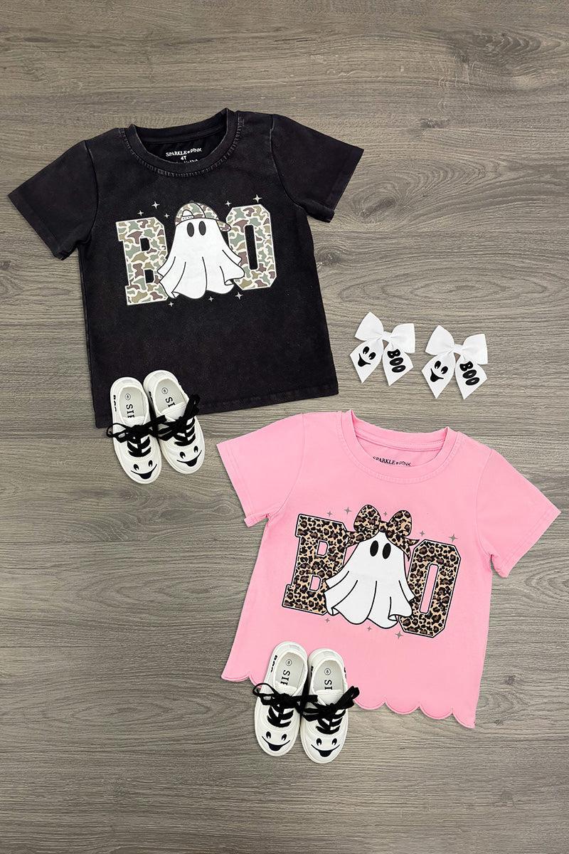 "Boo" Ghost Top - Boy Or Girl - GIRL-6-12 Months-FAMILY - Black toddler t-shirt with cheetah print "BOO" and ghost graphic, paired with matching shoes and bows; pink version with.
