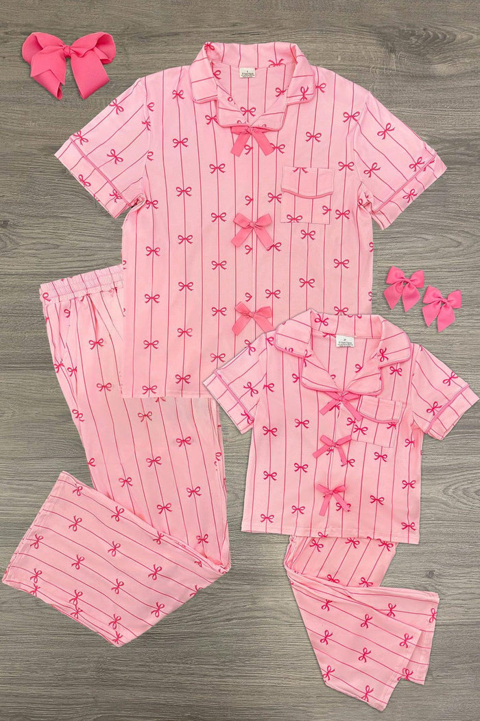 Mom & Me - Pink Stripe Bow Pajamas - CHILD-6-12 Months - Pink striped cotton pajamas with bow accents, featuring matching adult and child sizes and pink hair bows.