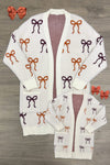 Mom & Me - Cozy Cream Bow Cardigan - CHILD-6-12 Months - Cream knit cardigan set with rust and burgundy bow patterns, cozy and soft texture.