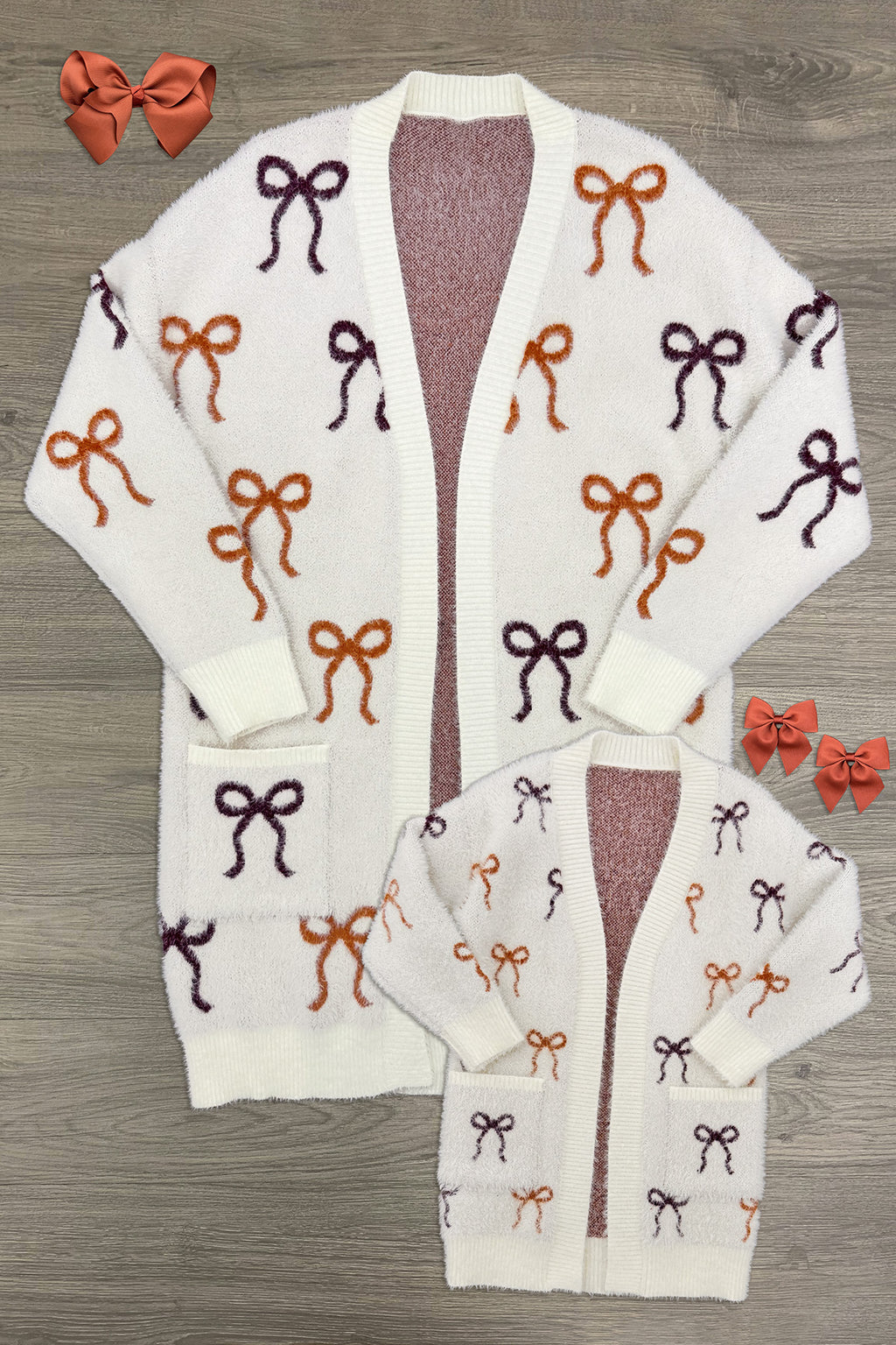 Mom & Me - Cozy Cream Bow Cardigan - CHILD-6-12 Months - Cream knit cardigan set with rust and burgundy bow patterns, cozy and soft texture.