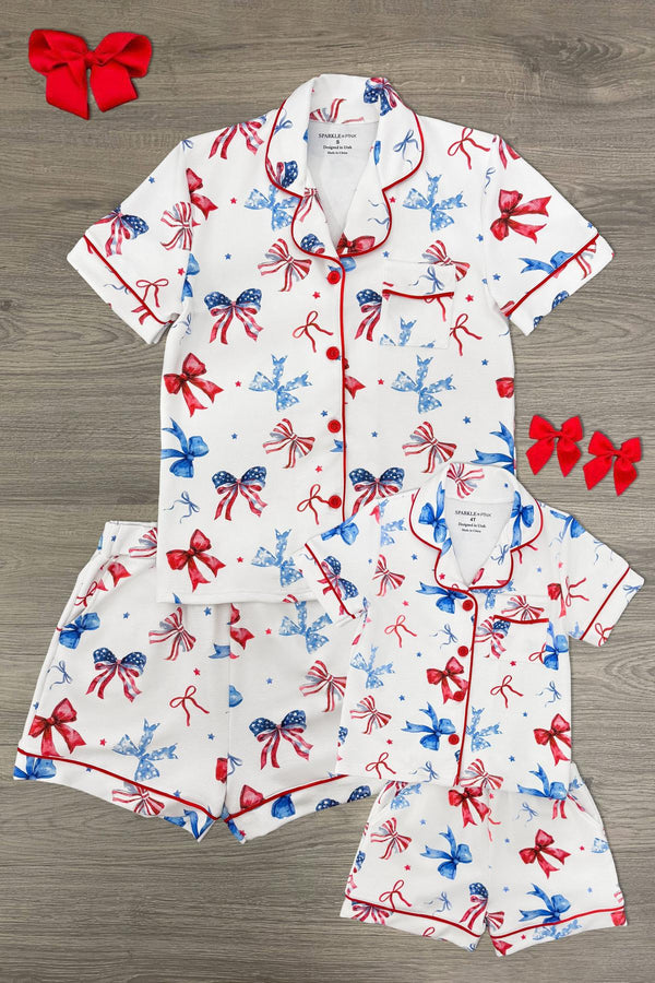 Mom & Me - Patriotic Bow Waffle Knit Pajamas | Sparkle in Pink