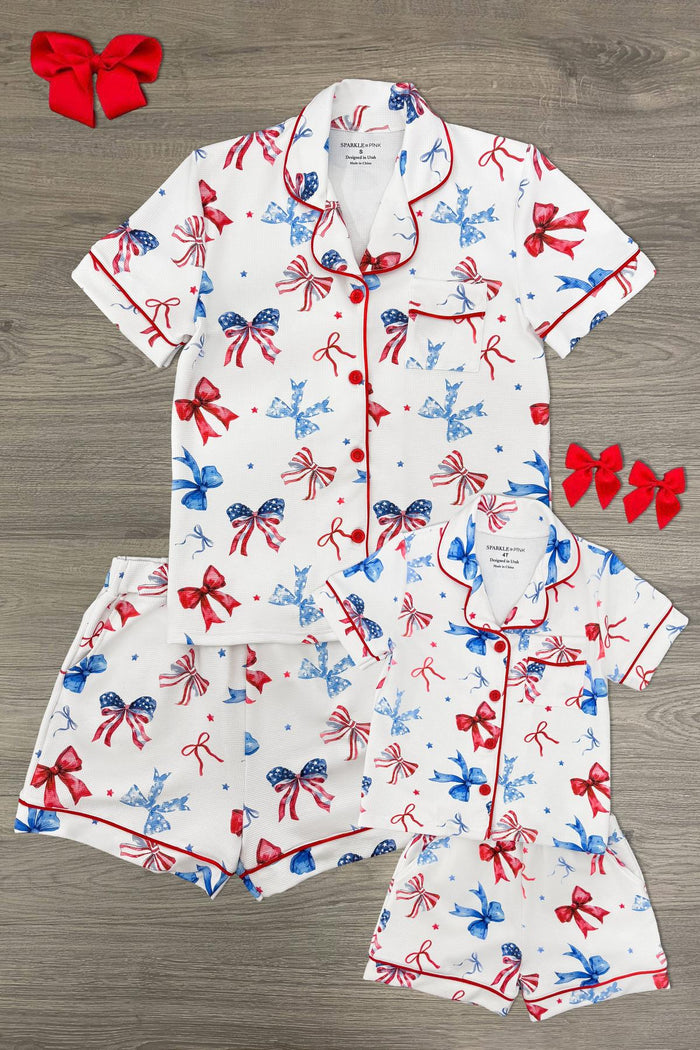 Mom & Me - Patriotic Bow Waffle Knit Pajamas - CHILD-6-12 Months - White waffle knit pajama set with red and blue patriotic bows and red trim, short and long sleeve options, includes matching .