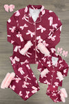 Mom & Me - Fuzzy Pink Bow Pajamas - CHILD-6-12 Months - Burgundy fleece pajamas with pink bow print and fuzzy pink cuffs for adult and child, plus matching pink fuzzy bow headband.