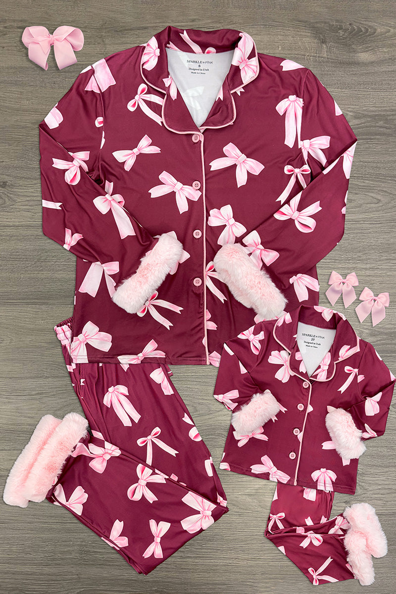 Mom & Me - Fuzzy Pink Bow Pajamas - CHILD-6-12 Months - Burgundy fleece pajamas with pink bow print and fuzzy pink cuffs for adult and child, plus matching pink fuzzy bow headband.