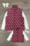 Mom & Me - Bow Vest Set - CHILD-6-12 Months - Matching burgundy quilted vests with white bow pattern, paired with white long-sleeve tops and large white hair bows.