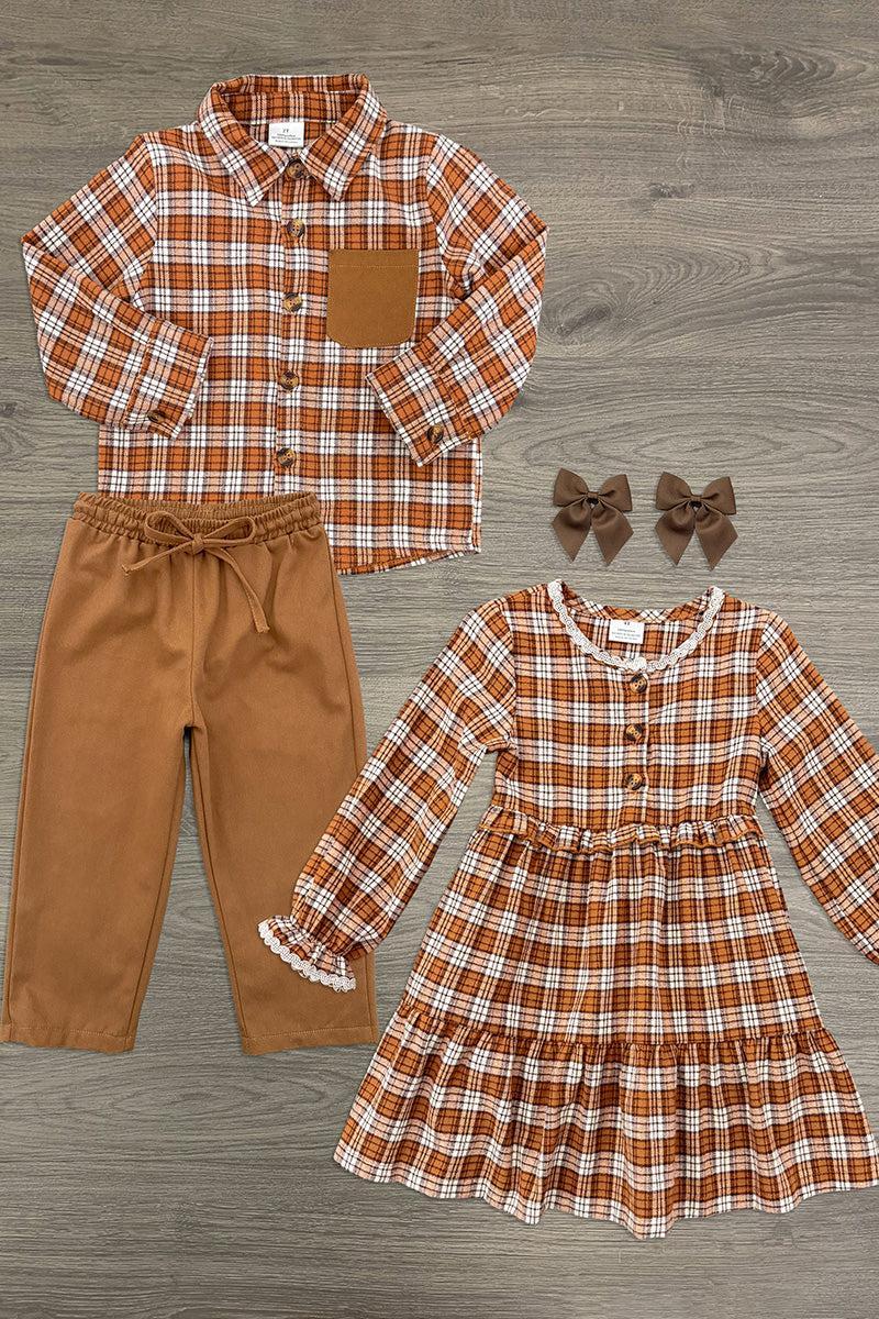 Rust Flannel Dress & Pant Set - Boy Or Girl