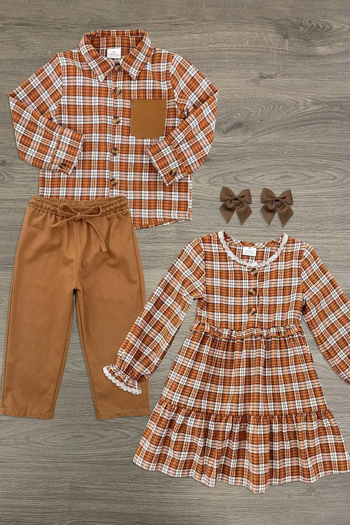 Rust Flannel Dress & Pant Set - Boy Or Girl