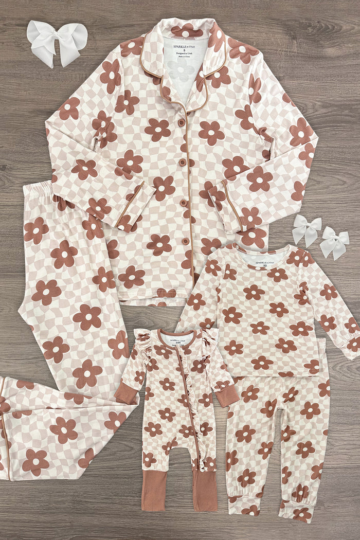 Mom & Me - Bamboo Checkered Blossoms Pajamas - BABY-Newborn - Tan and brown bamboo pajamas with checkered floral print, includes adult and two child sizes with white bows.