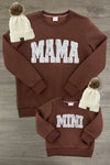 Mom & Me - "Mama & Mini" Camo Sweatshirt - CHILD-6-12 Months - Brown sweatshirt set with white terry fabric "MAMA" and "MINI" text, ribbed cuffs, and matching knit hats with pom-poms.