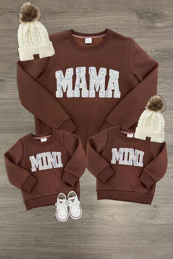 Mom & Kid - "Mama & Mini" Camo Sweatshirt - CHILD-6-12 Months - Brown cotton sweatshirts with white "MAMA" and "MINI" camo lettering, paired with cream knit hats with pom-poms and white.