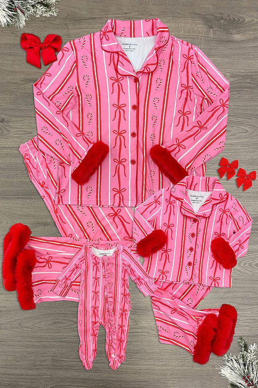 Mom & Me - Fuzzy Red & Pink Candy Cane Pajamas - BABY-Newborn - Matching fuzzy pink pajamas with red candy cane stripes, button-front top, and red cuffs for mom and child.
