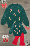Mom & Me - Candy Cane Sweater & Denim Pant Set - CHILD-6-12 Months - Matching dark green sweaters with candy cane prints, styled with bright red flared pants and red shoes.