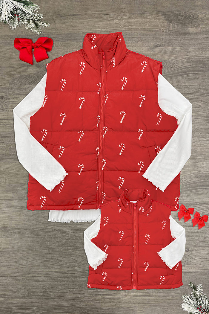Mom & Me - Candy Cane Vest Set - CHILD-6-12 Months - Matching red quilted puffer vests with white candy cane prints, styled in adult and child sizes.