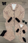 Mom & Me - Fuzzy Cheetah Pajamas - CHILD-6-12 Months - Matching fuzzy cheetah-print pajamas with black faux fur cuffs, adult and child sizes, button-up tops and pants laid flat on