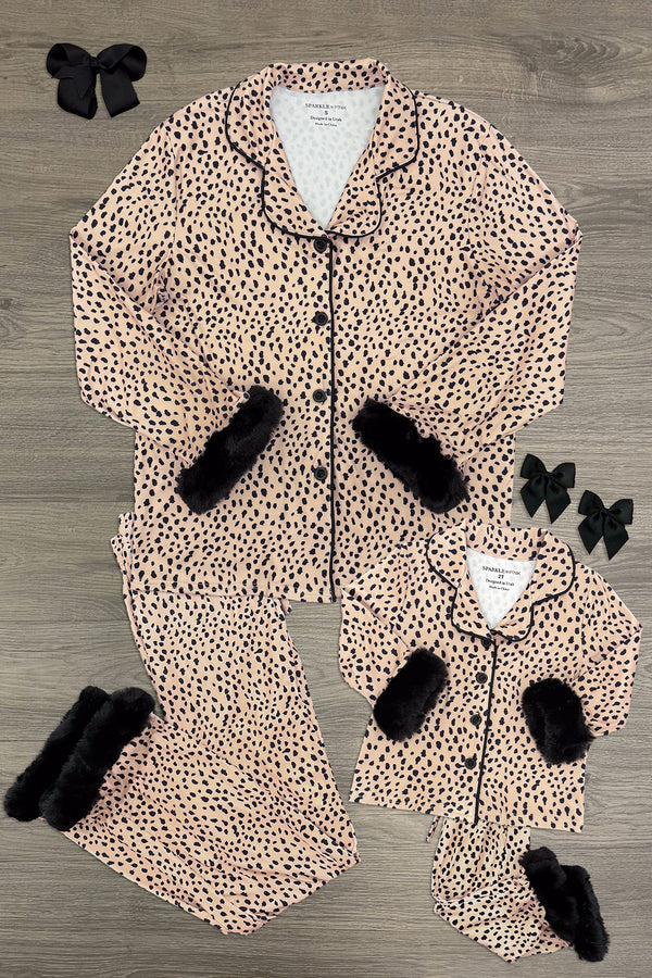 Mom & Me - Fuzzy Cheetah Pajamas - CHILD-6-12 Months - Matching fuzzy cheetah-print pajamas with black faux fur cuffs, adult and child sizes, button-up tops and pants laid flat on