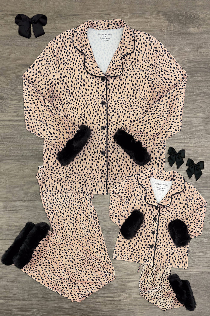 Mom & Me - Fuzzy Cheetah Pajamas - CHILD-6-12 Months - Matching fuzzy cheetah-print pajamas with black faux fur cuffs, adult and child sizes, button-up tops and pants laid flat on