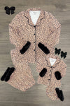 Mom & Me - Fuzzy Cheetah Waffle Knit Pajamas - CHILD-6-12 Months - Brown fuzzy cheetah print waffle knit pajamas with black furry accents, adult and child sizes side by side.