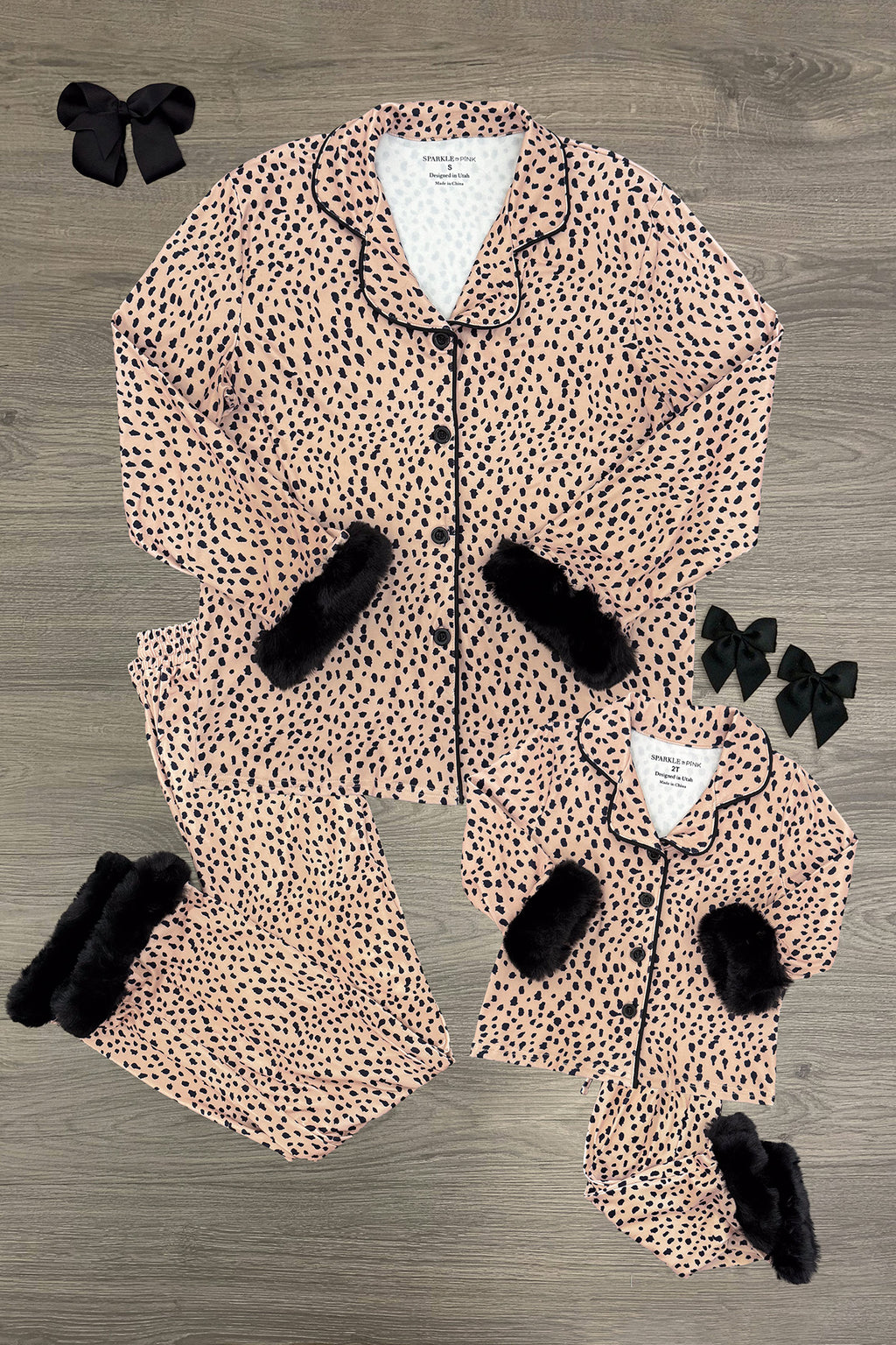 Mom & Me - Fuzzy Cheetah Waffle Knit Pajamas - CHILD-6-12 Months - Brown fuzzy cheetah print waffle knit pajamas with black furry accents, adult and child sizes side by side.