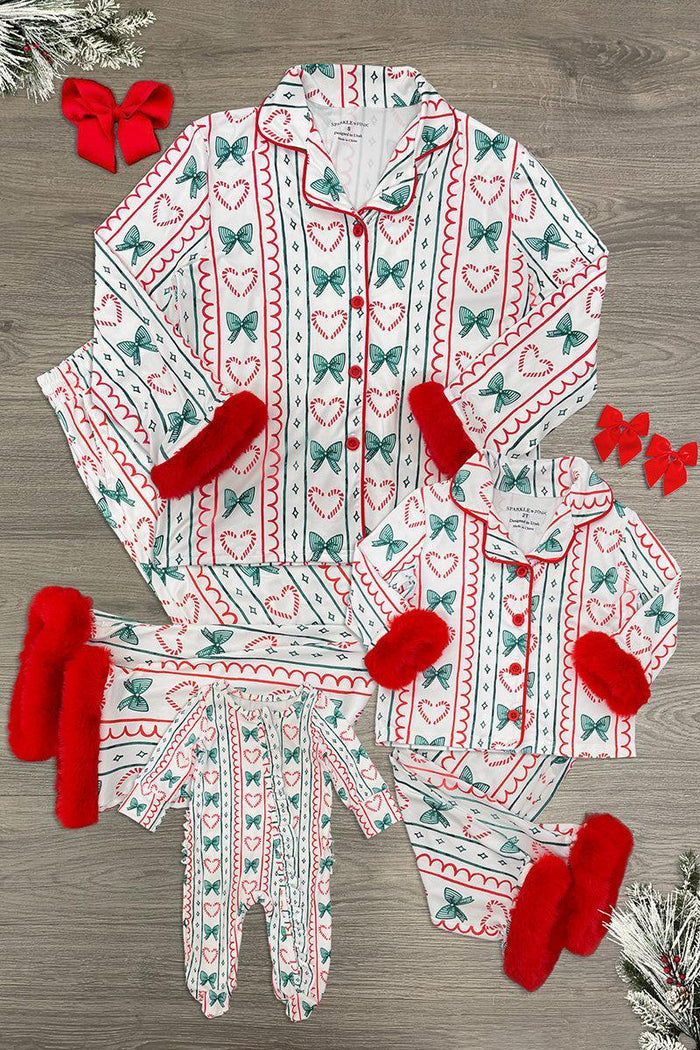 Mom & Me - Fur Candy Cane Heart & Bow Pajamas - BABY-Newborn - White and pale blue pajamas with red candy cane stripes, heart and bow prints, red cuffs, and button-up tops.
