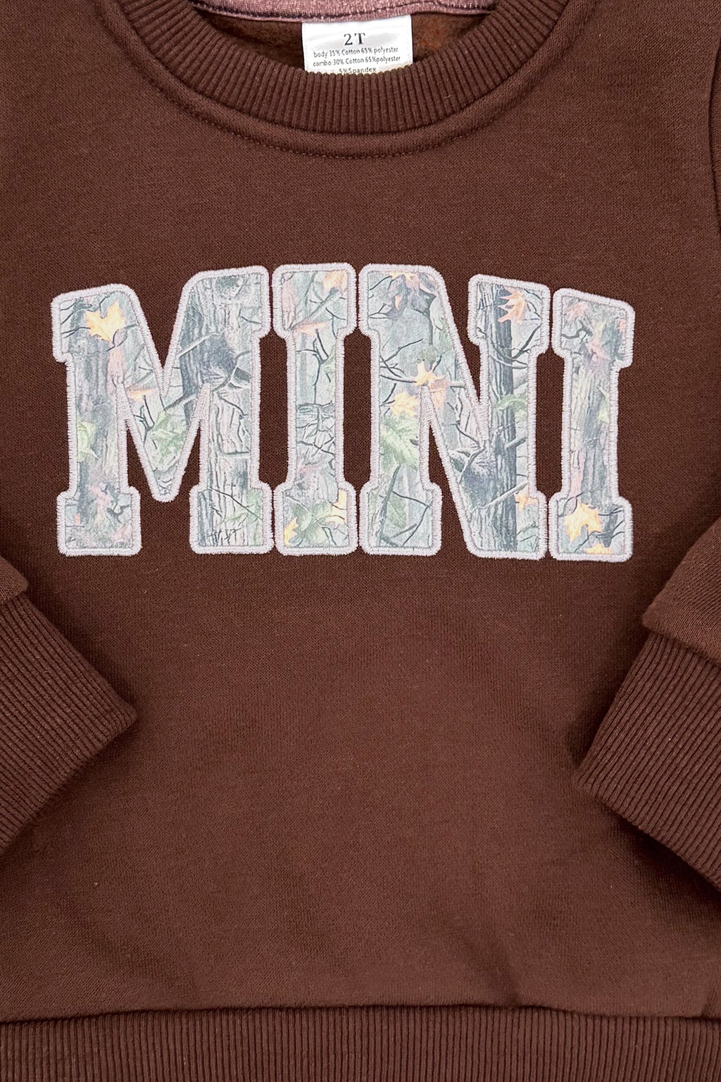 Mom & Me - "Mama & Mini" Camo Sweatshirt - CHILD-6-12 Months - Brown sweatshirt with camo-patterned "MINI" lettering on the front, crew neck, long sleeves.