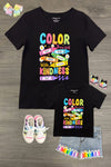 Mom & Me - "Color The World" Top & Short Set - 3T - Black short-sleeve top with colorful "Color the World with Kindness" graphic, paired with light denim shorts and rainbow.