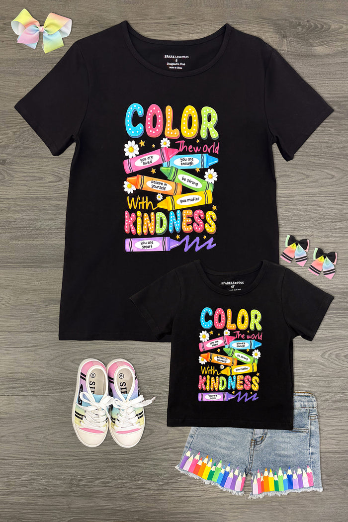 Mom & Me - "Color The World" Top & Short Set - 3T - Black short-sleeve top with colorful "Color the World with Kindness" graphic, paired with light denim shorts and rainbow.