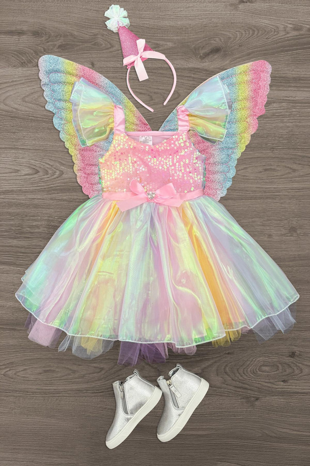 Cotton Candy Fairy Costume - 3 Piece Set - 12-18 Months - Pink pastel rainbow cotton candy fairy dress with puffed butterfly wings, matching headband, and white ballet shoes.