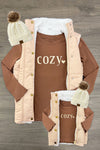 Mom & Me - "Cozy" Vest Set - CHILD-6-12 Months - Tan quilted sleeveless vest with white sherpa lining paired with brown long-sleeve shirts reading "COZY" and cream knit.