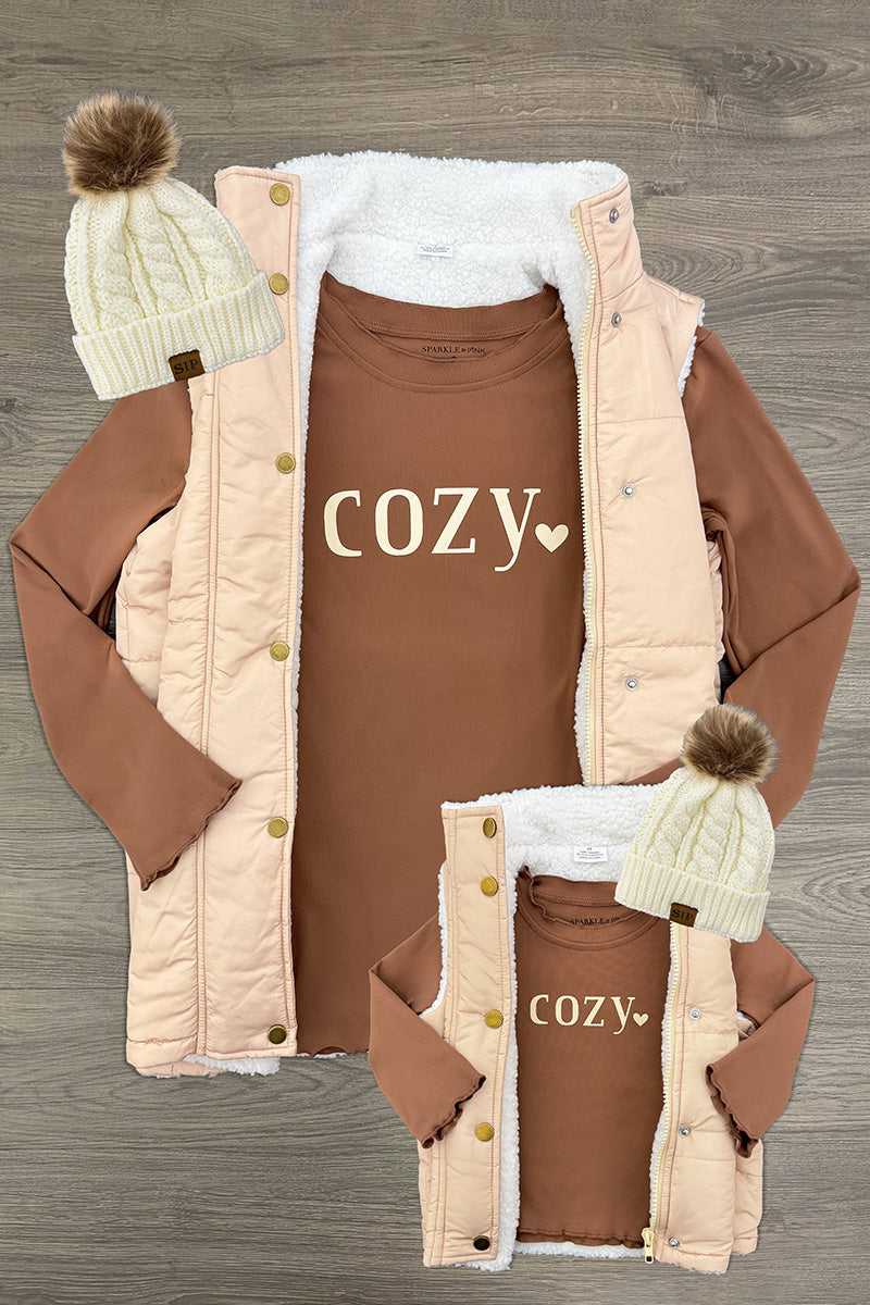 Mom & Me - "Cozy" Vest Set - CHILD-6-12 Months - Tan quilted sleeveless vest with white sherpa lining paired with brown long-sleeve shirts reading "COZY" and cream knit.