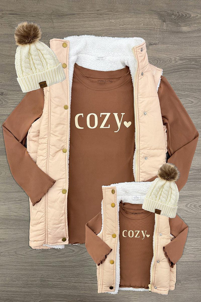 Mom & Me - "Cozy" Vest Set - CHILD-6-12 Months - Tan quilted sleeveless vest with white sherpa lining paired with brown long-sleeve shirts reading "COZY" and cream knit.