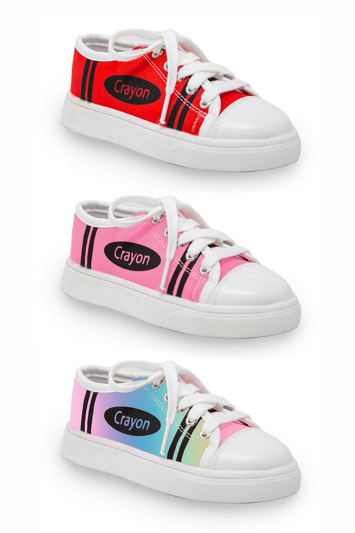 Crayon Sneakers - Pink / KIDS-8T - Three low-top kids' sneakers in red, pink, and pastel rainbow with crayon-inspired stripes and white laces.