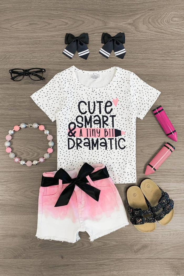 "Cute, Smart & A Tiny Bit Dramatic" Denim Short Set - Small-3T - White speckled tee with "Cute Smart & A Tiny Bit Dramatic" text, pink ombre shorts with black bow, toddler accessories.