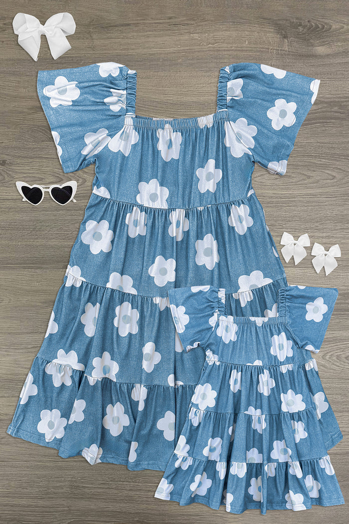 Mom & Me - Faux Denim Flower Dress - CHILD-6-12 Months - Blue faux denim dress with white floral print, off-shoulder ruffled sleeves, and tiered skirt.
