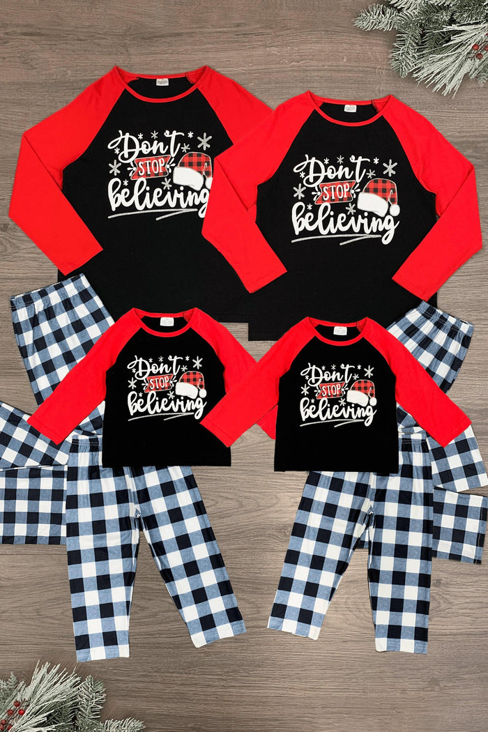 "Don't Stop Believing" Festive Family Pajamas - AND PET BANDANA! - PET-Bandana-FAMILY - Family matching pajamas with black and red tops saying "Don't Stop Believing" and blue and white plaid pants, plus a.