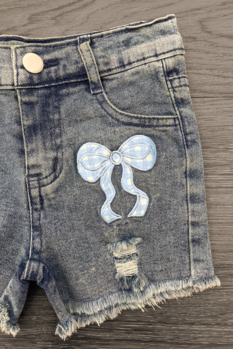 "Pre-K - Sixth Grade" Plaid Bow Denim Short Set - PRE-K / 2T - Blue denim shorts with distressed details, frayed hems, and a light blue plaid bow patch on the front pocket.