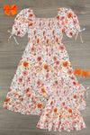 Mom & Me - Floral Fall Watercolor Dress - CHILD-6-12 Months - Cream floral watercolor dress with orange and brown flowers, puff sleeves, and smocked bodice.